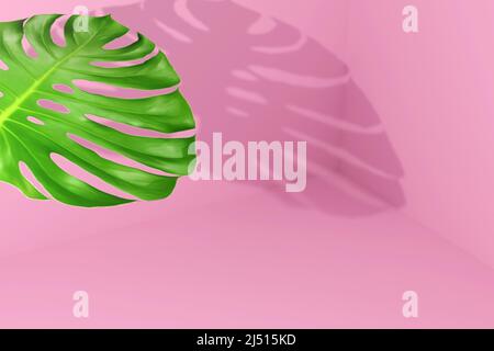 Ein Blatt einer Innenpalme befindet sich in einem rosa Raum aus der Nähe. Das grüne Blatt der Palme und ihr Schatten an den Wänden und am Boden. 3D Rendern. Stockfoto