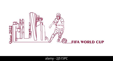 FIFA Fußball-Weltmeisterschaft in Katar im 2022-Banner. Stilisierte Vektor isolierte Illustration mit Fußball oder Fußballspieler mit dem Ball auf dem Hintergrund der Ca Stock Vektor