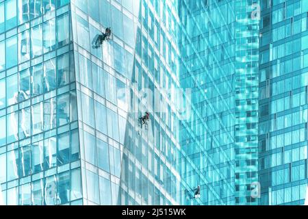 Arbeiter waschen Fenster im Bürogebäude. Hochwertige Fotos Stockfoto