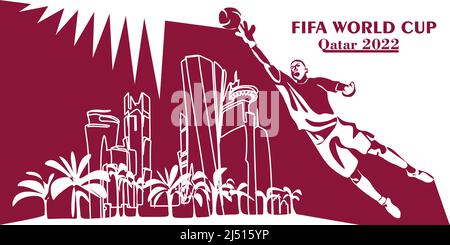 FIFA Fußball-Weltmeisterschaft in Katar im 2022-Banner. Stilisierte Vektor isolierte Illustration mit Fußball oder Fußballspieler mit dem Ball auf dem Hintergrund der Ca Stock Vektor
