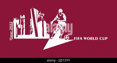 FIFA Fußball-Weltmeisterschaft in Katar im 2022-Banner. Stilisierte Vektor isolierte Illustration mit Fußball oder Fußballspieler mit dem Ball auf dem Hintergrund der Ca Stock Vektor