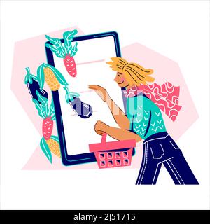 Frau wählt online frische landwirtschaftliche Produkte. Bauern Shop Bestellung und Lieferung, flache Cartoon-Vektor-Illustration auf Hintergrund isoliert. Landwirtschaftliche ma Stock Vektor
