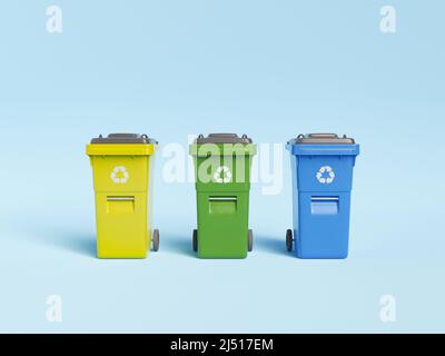 3D Illustration von bunten Recycling-Behältern für verschiedene Abfallarten, die auf blauem Hintergrund in Reihe gestellt werden Stockfoto