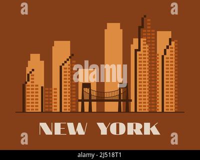 Landschaft von New York im Vintage-Stil. Wolkenkratzer im linearen Stil. Retro Banner Silhouette von New York für Print, Poster und Werbematerial Stock Vektor