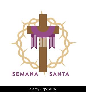 Christliches Kreuz mit violettem Stoff und Dornenkrone. Karwoche auf Spanisch. Semana Santa. Vektorgrafik, flaches Design Stock Vektor