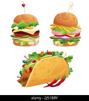 Leckere Burger mit Tomaten, Käse, Gurken, Fleisch, Schinken, Speck, Zwiebeln, Ketchup und Salat. Leckere Tacos. vektor Stock Vektor
