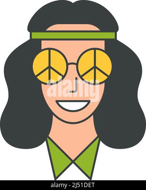 Portrait lächelnd brünette Hippie Frau in Sonnenbrille Frieden kein Krieg Zeichen groovig Vektor flache Illustration. Happy Hipster weibliche Kopf T-Shirt Druck decora Stock Vektor