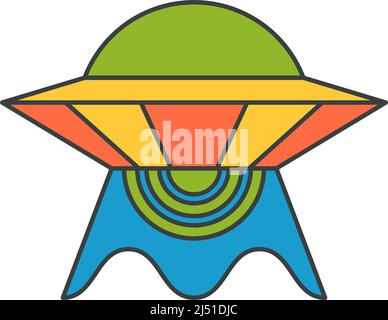 Abstrakte bunte fliegende Untertasse UFO Pop Art groovy Stil T-Shirt Druck dekoratives Design Vektor Cartoon Illustration. Helle Alien-Raumsonde flig Stock Vektor