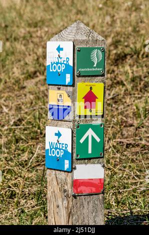 Katwijk, Niederlande, 18. April 2022: Holzmast in den Dünen mit einer Reihe von bunten Schildern, die Wanderwege markieren Stockfoto