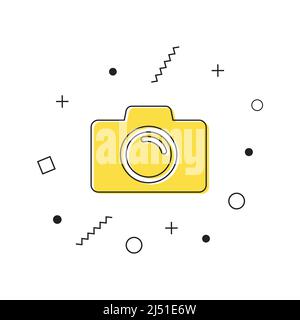Fotokamera im flachen Stil. Gelbes Kamerasymbol mit geometrischen Formen auf weißem Hintergrund. Vektor Stock Vektor