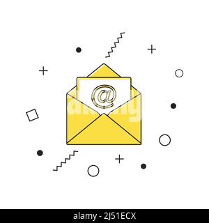 Kuvertsymbol. Gelbes Mail-Symbol mit geometrischen Formen auf weißem Hintergrund. Nachricht, Mail-Symbol. Vektor Stock Vektor