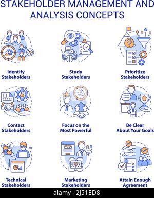 Symbole für Stakeholder-Management und Analysekonzept gesetzt Stock Vektor