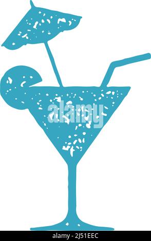 Erfrischender Sommercocktail in Kelch mit Fruchtscheibe, Stroh und Regenschirm blau Grunge Textur Vektorgrafik. Handgezeichneter minimalistischer frischer Alkohol Stock Vektor