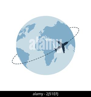 Flugzeug fliegt um den Globus. Um die Welt reisen mit dem Flugzeug, Flugzeug Reise in verschiedenen Ländern. Planet Erde. Reise- und Tourismuskonzept Stock Vektor
