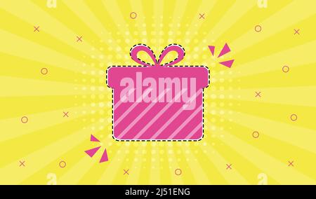 Geschenkbox. Rosa Geschenk-Boxen isoliert auf gelbem Hintergrund im Retro-Comic-Pop-Art-Stil. Vektor Stock Vektor