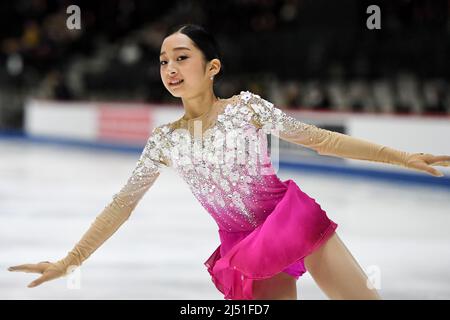 Jia SHIN (Kor), während des Freilaufens der Frauen, bei den ISU-Junioren-Eiskunstlauf-Weltmeisterschaften 2022, in der Tondiraba Ice Hall, am 17. April 2022 in Tallinn, Estland. Quelle: Raniero Corbelletti/AFLO/Alamy Live News Stockfoto