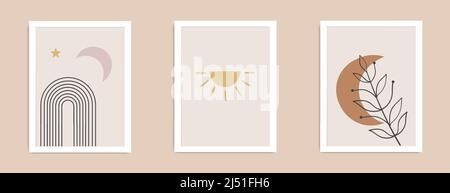 Abstraktes Sonnenmond-Poster-Set. Zeitgenössische minimalistische Hintergründe moderner Boho-Stil. Wanddekoration aus der Mitte des Jahrhunderts, Vektorgrafik. Vektor Stock Vektor
