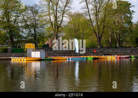 Windsor, Großbritannien. 19.. April 2022. Boote können auf der Themse gemietet werden. Nach einem heißen und sonnigen Wochenende war es heute Morgen in Windsor kühler. Quelle: Maureen McLean/Alamy Live News Stockfoto