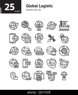 Symbolsatz für globale logistische Umrisse. Vektor und Illustration. Stock Vektor