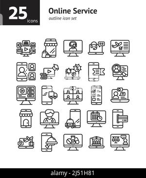 Symbolsatz für Online-Service-Gliederung. Vektor und Illustration. Stock Vektor