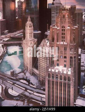 Chicago USA Stadtzentrum Wolkenkratzer und Architektur, Amerika reisen Innenstadt, Zeichnung in Öl Wandkunst Druck für Leinwand oder Papier Poster, Tourismus Stockfoto