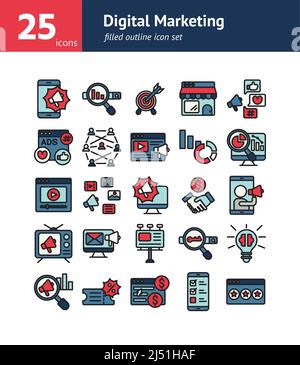 Symbole für die mit Digital Marketing gefüllte Kontur. Vektor und Illustration. Stock Vektor
