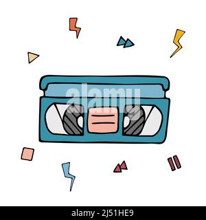 VHS-Videoband-Doodle isoliert. 90s Nostalgie. Vektor farbige Doodle Illustration von Videokassette aus dem Jahr 1990s. Trendige Vintage-Designelemente auf Weiß Stock Vektor