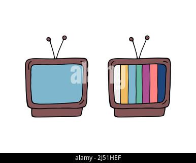 Doodle Retro-Fernseher aus dem Jahr 1990s isoliert. Vintage-Fernseher mit Test bunten Streifen und leer. Vektor farbige Doodle Illustration auf weißem Hintergrund. Stock Vektor