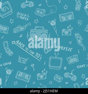 Retro-Kritzelmuster. Zurück zu 90s nahtloser Hintergrund. Trendiges Vektormuster. Doodle-Illustration für Vintage-Designs. Stock Vektor