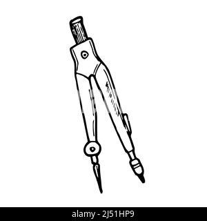 Technischer Kompass Handgezeichnete Umrisse Doodle-Symbol. Offener Kompass mit Einstellknopf zum Zeichnen von Kreisen in der Geometrievektor-Skizzendarstellung Stock Vektor