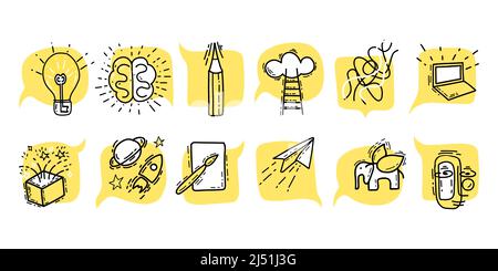 Set konzeptionelle Piktogramme Illustration kreative Symbol Doodle Stil in gelber Farbe Stock Vektor