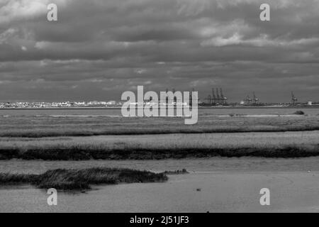 Harwich Dock Kräne und Dovercourt Küste, von Naze Beach Essex England UK genommen. Februar 2022. Stockfoto