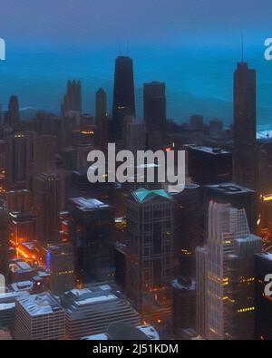 Chicago USA Stadtzentrum Wolkenkratzer und Architektur, Amerika reisen Innenstadt, Zeichnung in Öl Wandkunst Druck für Leinwand oder Papier Poster, Tourismus Stockfoto