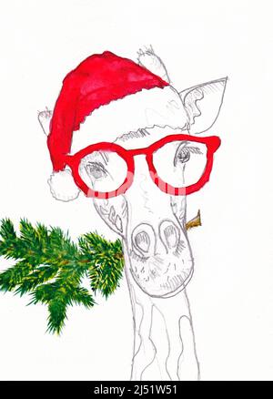 Giraffe in weihnachtsmann Hut Aquarell Illustration. Giraffe in roten Gläsern. Weihnachtsanimalzeichnung auf einer Tube auf texturiertem Aquarellpapier. Stockfoto