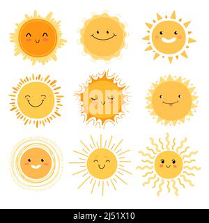 Sonne. Die verschiedenen lächelnden Gesichter der Sonne. Emoticon, Emoji Stock Vektor