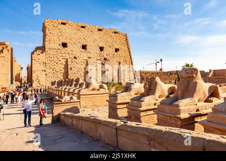 Luxor, Ägypten - 3. Januar 2012 : Menschen, die am Eingang des Karnak-Tempels an sonnigen Tagen spazieren, Luxor, Oberägypten. Stockfoto