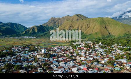 Luftaufnahme einiger landwirtschaftlicher Felder in Sembalun. Sembalun liegt am Hang des Berges Rinjani und ist von wunderschönen grünen Bergen umgeben Stockfoto