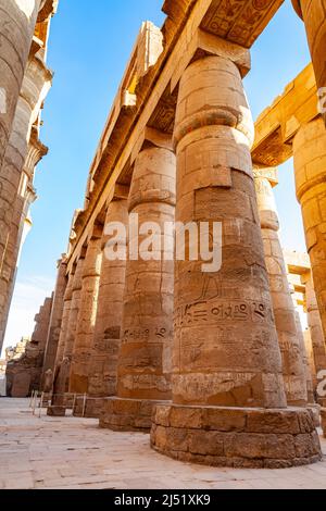 Reihe von massiven Kolonnen der großen Hypostyle-Halle im Kanak-Tempelkomplex in Luxor, Oberägypten. Stockfoto