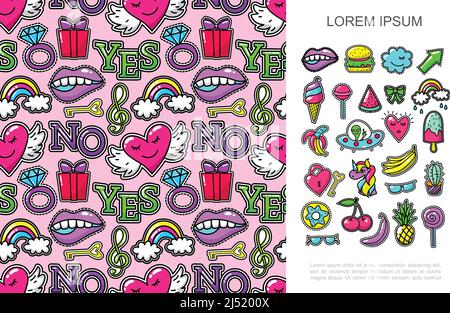 Pop Art Mode Patches Konzept mit hellen Cartoon-Sticker und Nahtlose Muster von bunten Abzeichen Vektor-Illustration Stock Vektor