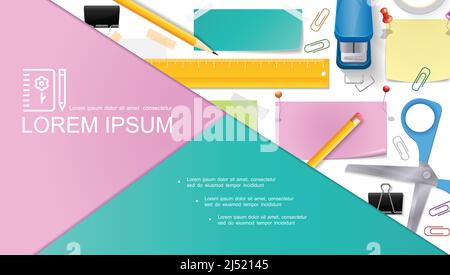 Realistische Briefpapier Komposition mit Scheren Bleistifte Hefter Pushpins Hinweis Aufkleber Lineal Binder Clips Klebeband Vektor-Illustration Stock Vektor