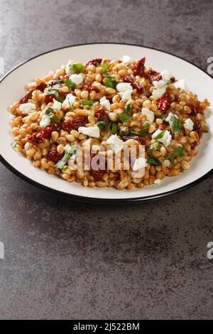 Farro-Salat mit Feta, sonnengetrockneten Tomaten und Pinienkernen in Nahaufnahme auf einem Teller auf dem Tisch. Vertikal Stockfoto