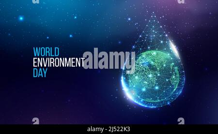 Konzept des Weltumwelttages. Banner mit Planet Erde im Drahtmodell polygonalen Wassertropfen. Futuristischer, moderner abstrakter Hintergrund. Vektorgrafik. Stock Vektor