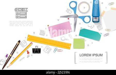 Realistische Büro Briefpapier Vorlage mit Schere gefüllt Hefter Stift Bleistift Lineal Stecknadeln Hinweis Aufkleber Binder Clip und stationäre Symbole Vektor Abb. Stock Vektor