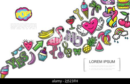 Pop Art Mode Patches Konzept mit Eis Flamingo Kuchen Herz Bananen Ananas Bogen Wassermelone Regenbogen Cocktail Palm Burger Einhorn Kirschlollip Stock Vektor