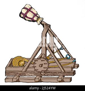 Ballista. Belagerungs-Motor. 14. Jahrhundert. Gravur. Stockfoto