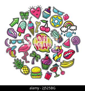 Pop Art bunte Patches rund Konzept mit Pfeil Herz Kuchen Key Kirsche Donut Regenbogen Lollipop Früchte Flamingo Burger Palm Cocktail Brillen Vektor Stock Vektor
