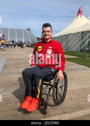 Der Paralympische Tischtennisspieler Thomas Schmidberger, 30, der sich mit dem Duke of Sussex für das Doppel zusammengetan hatte, sagte, er würde die Leistung des Herzogs als möglicherweise sieben von 10 bewerten. Bilddatum: Dienstag, 19. April 2022. Stockfoto