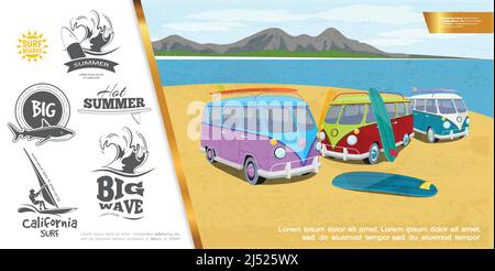 Buntes Surfen Sport Helles Konzept mit Surf Trucks Surfboards auf see und Berge Landschaft große Wellen Hai Windsurfen monochrom Beschriftungen ve Stock Vektor