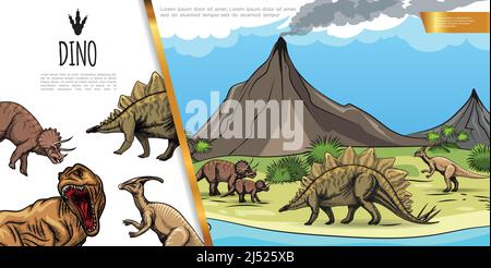 Handgezeichnete Dinosaurier buntes Konzept mit stegosaurus triceratops t-rex parasaurolophus Auf Vulkan Landschaft Vektor-Illustration Stock Vektor