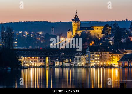 Mittelalterliche Stadt Schaffhausen, Munot Festung und Rhein Stockfoto